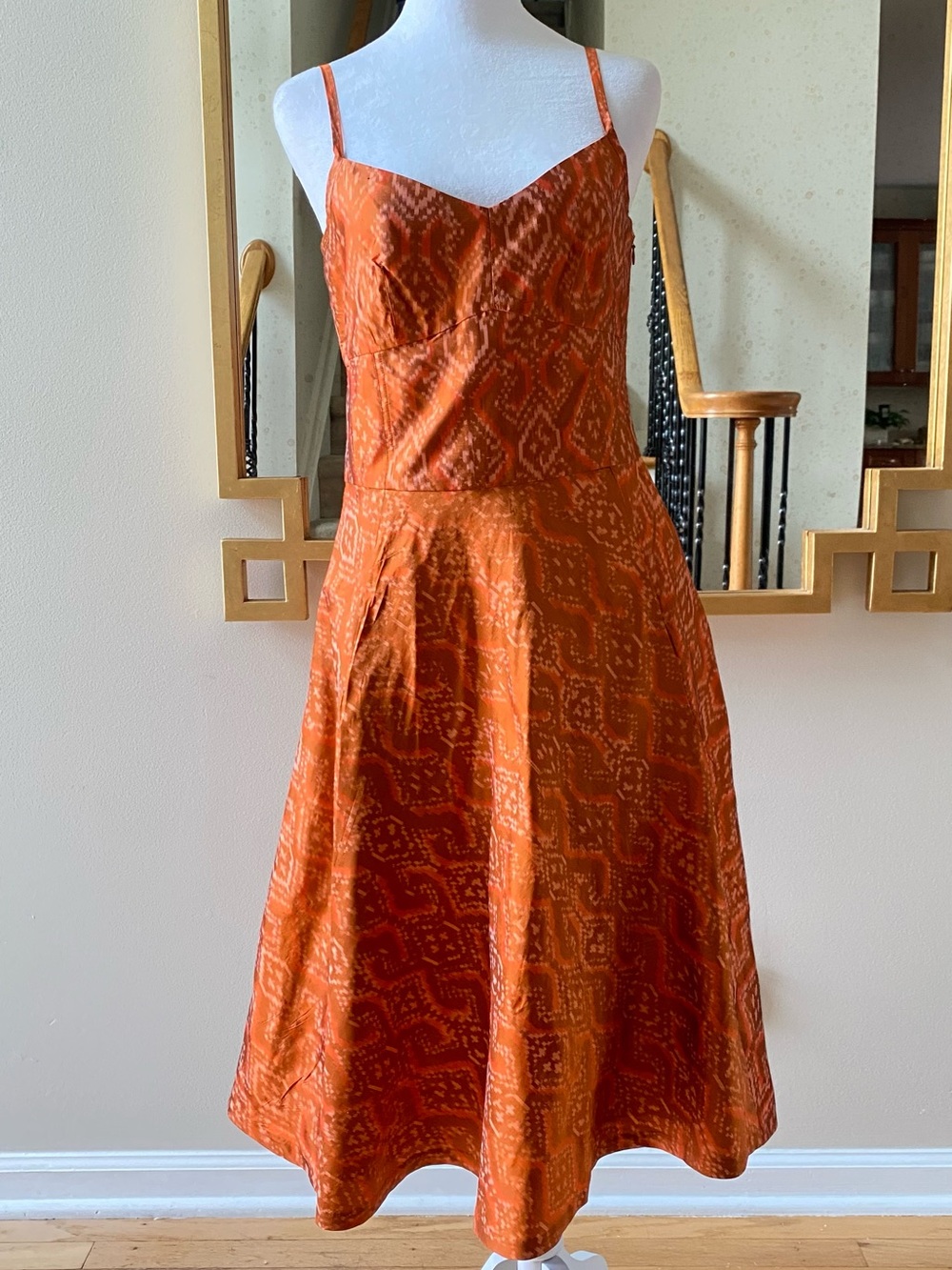 Banana Republic orange burnt ikat silk dress pockets fit-and-flare sz 4